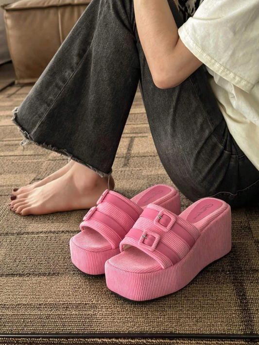🔥Elegant Black Sandals For Women, Faux Suede Buckle Decor Wedge Slide Sandals